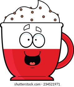 Cartoon illustration of a mug of hot chocolate with a happy expression. 