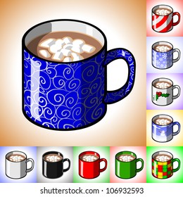 Cartoon illustration of a mug of hot cocoa with mini marshmallows floating in it. Includes many alternative designs on the mug.