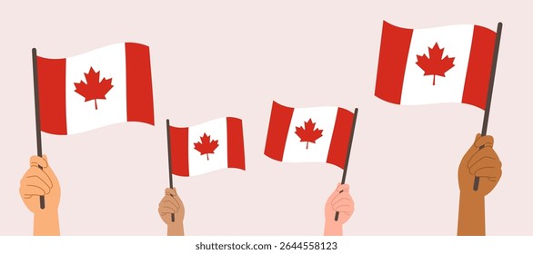 Cartoon illustration of multiple hands holding the Canadian flag. Drawing for Canada Day day holiday celebration, patriotism, community celebration or unity across cultures