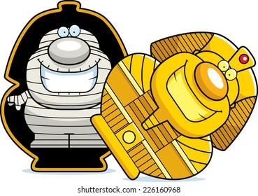 A cartoon illustration of a mummy in a sarcophagus.