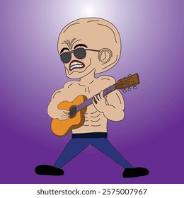 Cartoon illustration of a muscular bald man playing guitar. This image is suitable for animation or website needs or characters in cartoon films.