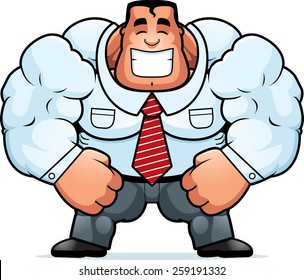 A cartoon illustration of a muscular businessman smiling.