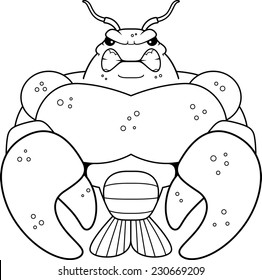 A cartoon illustration of a muscular crawfish looking angry.