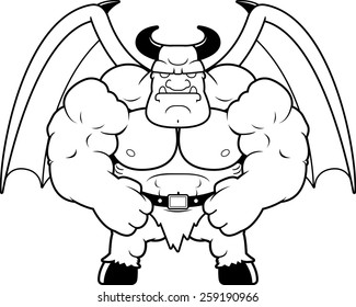 A cartoon illustration of a muscular demon flexing.
