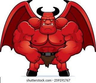 A cartoon illustration of a muscular demon flexing.