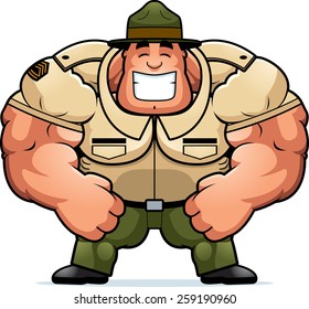 A cartoon illustration of a muscular drill sergeant smiling.