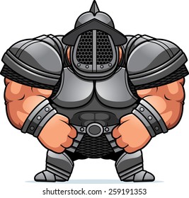 A cartoon illustration of a muscular gladiator in armor.