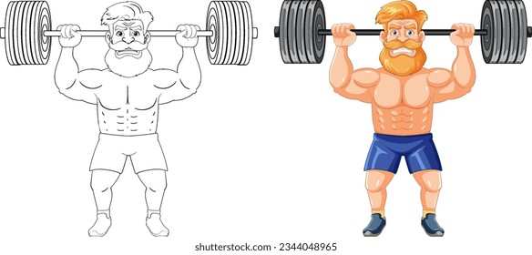 A cartoon illustration of a muscular hipster man with a beard and mustache lifting weights