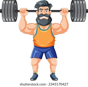 A cartoon illustration of a muscular hipster man with a beard and mustache lifting weights