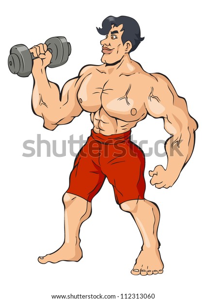 Cartoon Illustration Muscular Man Holding Dumbbell Stock Vector ...