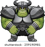 A cartoon illustration of a muscular orc in armor.