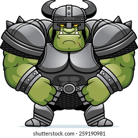 A cartoon illustration of a muscular orc in armor.