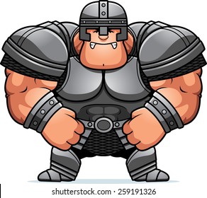 A cartoon illustration of a muscular warrior in armor looking angry.