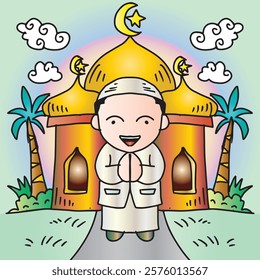 Cartoon illustration of a Muslim boy in front of a mosque.