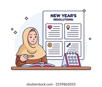 Cartoon illustration of a muslim girl writing her new year resolutions