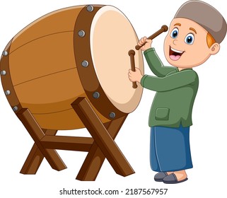 Cartoon illustration a Muslim man hitting the drum