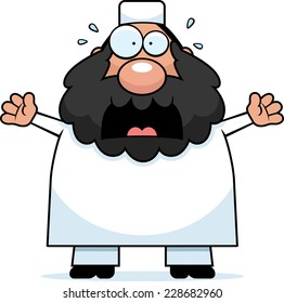 A cartoon illustration of a Muslim man looking scared.