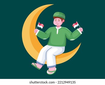 Ilustración de un hombre musulmán sentado en una luna creciente y sosteniendo la bandera indonesia. Día de Santri el 22 de octubre. Adecuado para tarjeta de saludo, afiche, pancarta, etc