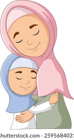 Cartoon illustration of a Muslim mother hugging her daughter