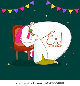 Cartoon Illustration of Muslim Young Man Hugging His Father Sitting at Chair on White and Green Background For Eid Mubarak Concept.
