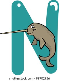 cartoon illustration of N letter for narwhal