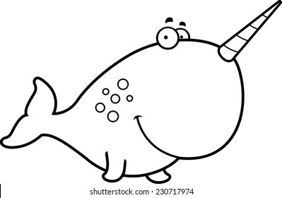 A cartoon illustration of a narwhal happy and smiling.