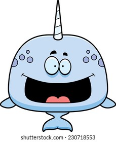 A cartoon illustration of a narwhal looking happy.