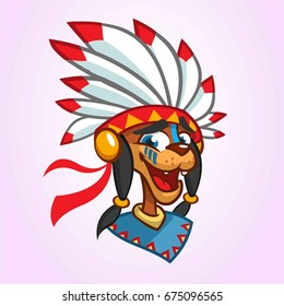 A cartoon illustration of a Native American icon. Vector illustration of native American chief with feathers on his head.  Thanksgiving symbol, emblem, sticker, logo or print