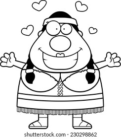 A cartoon illustration of a Native American woman ready to give a hug.