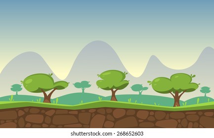 Cartoon illustration of the nature game background, summer landscape.