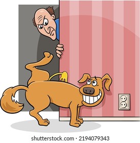 Cartoon illustration of naughty dog animal character peeing on the wall at home and his angry owner