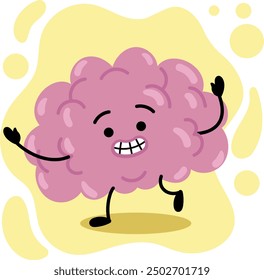 A cartoon illustration of a nervous brain character, smiling anxiously while waving, set against a light yellow background with abstract shapes. Suitable for themes related to anxiety.