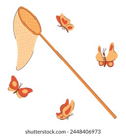 Cartoon illustration of a net trap for catching butterflies and several butterflies
