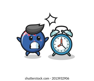Cartoon Illustration of new zealand flag badge is surprised with a giant alarm clock , cute style design for t shirt, sticker, logo element