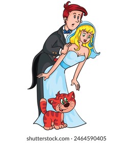 cartoon illustration, newlyweds bride and groom and their red cat, isolated object on a white background, vetor,