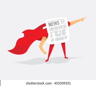Cartoon illustration of newspaper super hero saving the day