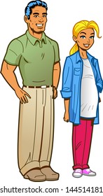 Cartoon Illustration of a Nice Attractive Suburban Couple With Pregnant Wife