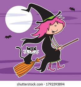 Cartoon illustration of a nice witch flying through the sky on her broomstick with her black cat.