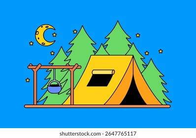 Cartoon illustration night camping scene with a yellow tent surrounded by pine trees with a crescent moon and stars shining in the sky for outdoor, travel, or adventure background or badge