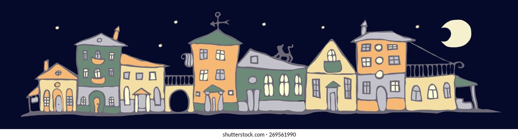 Cartoon illustration. Night city street.