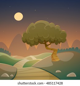 The cartoon illustration of the night landscape with country road.