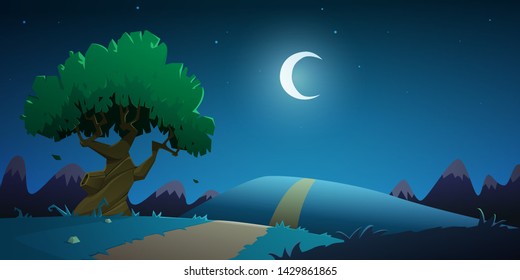 Cartoon illustration of the night summer countryside landscape. Moon in the valley with mountain in background. 
