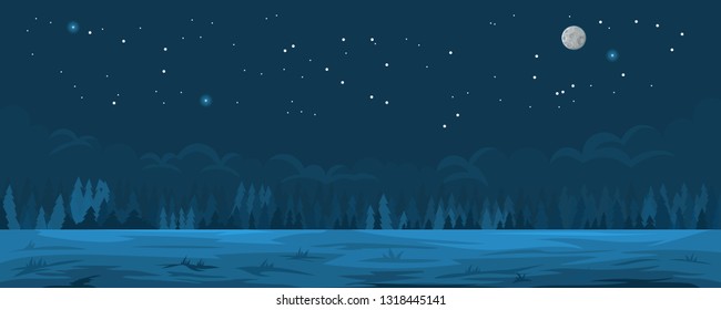 Cartoon Illustration Of The Night Summer Landscape With Spruce Forest