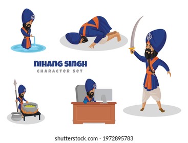 Cartoon illustration of nihang singh character set on white background.