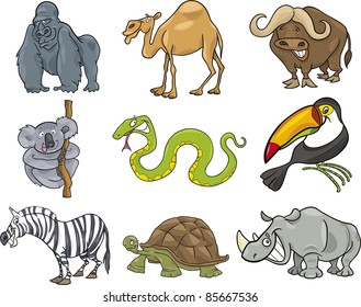 cartoon illustration of nine funny wild animals