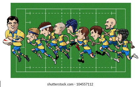 Cartoon illustration - Nine rugby players running - Grass field on the background