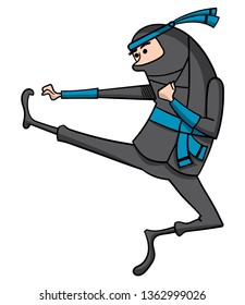 Cartoon illustration of a ninja character executing a flying kick