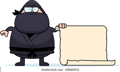 A cartoon illustration of a ninja with a sign.