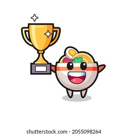 Cartoon Illustration of noodle bowl is happy holding up the golden trophy , cute style design for t shirt, sticker, logo element