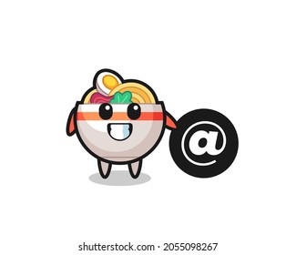 Cartoon Illustration of noodle bowl standing beside the At symbol , cute style design for t shirt, sticker, logo element